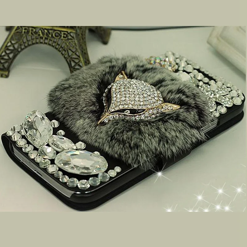 Puzdro na luxusnú koženú telefónnu puzdro pre Samsung Galaxy S24 S23 S22 S21 Ultra Rabbit Fur Flip Cover Wallet Book shell bling Fox puzdro