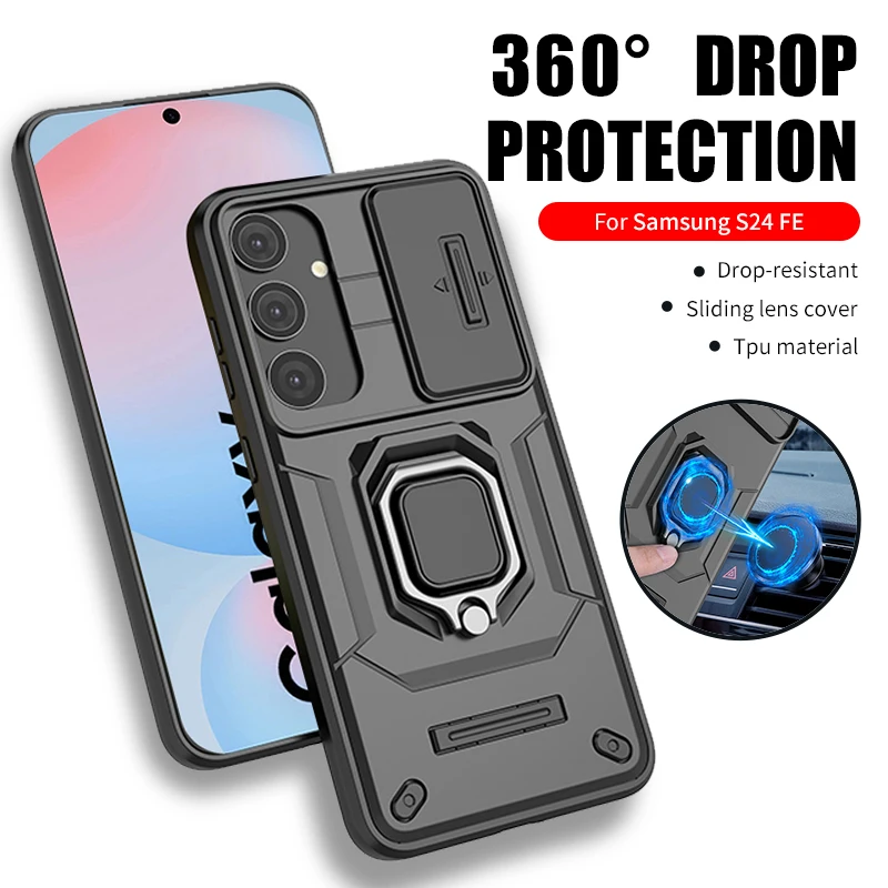 Puzdro na ochranu fotoaparátu Push Pull pre Samsung Galaxy S24 Fe 5G Magnet Držiteľ kruhu nárazu odolný voči nárazu na Sumsung S24fe s 24 Fe 24FE 24FE