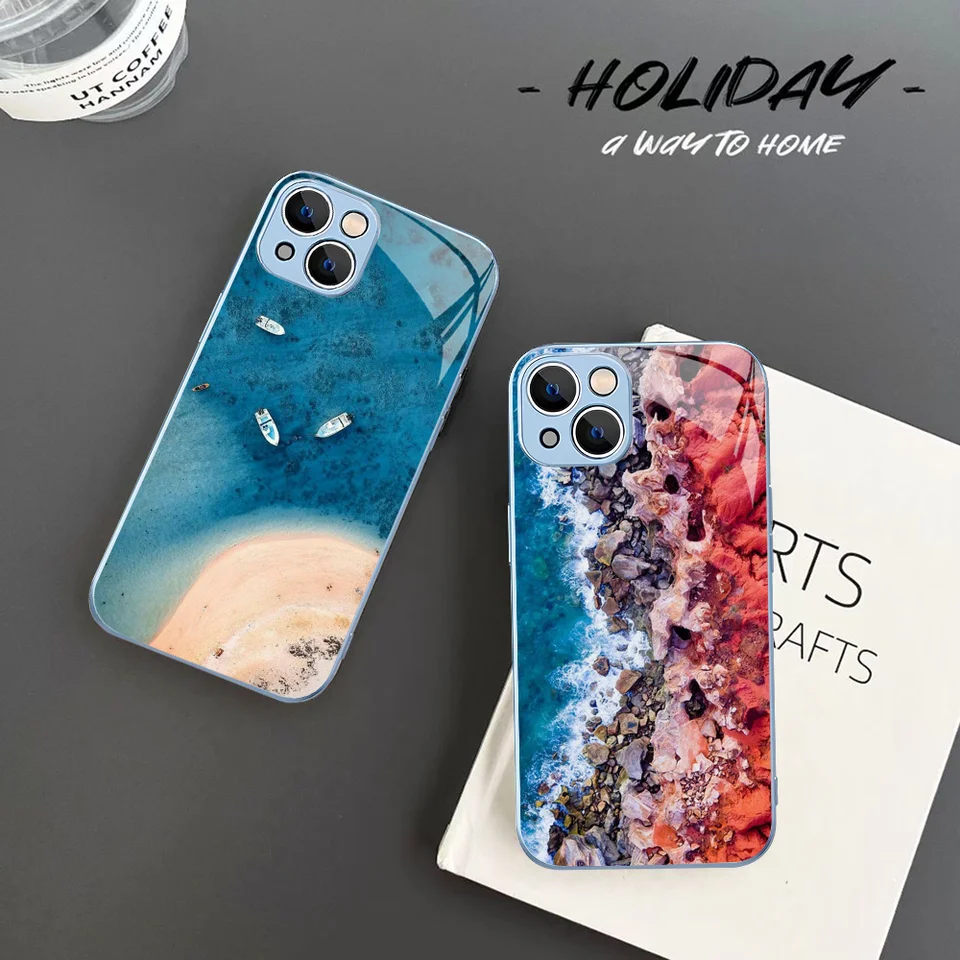 Puzdro na pláž s morskou modrou oblohou pre iPhone 14 13 12 Mini 11 Pro xs Max x xr 14 plus temperovaný sklenený kryt