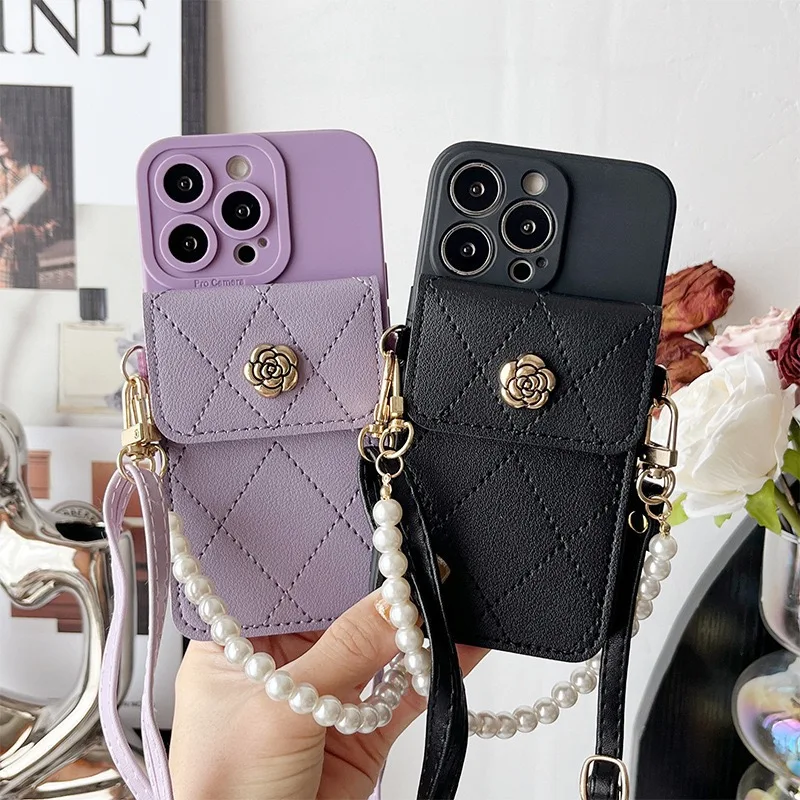 Puzdro na remienok pre iPhone 16 14 13 12 11 15 Pro Max Plus x x Wallet Card Slot Slot Flower Crossbody Cord Cover Bag Cover