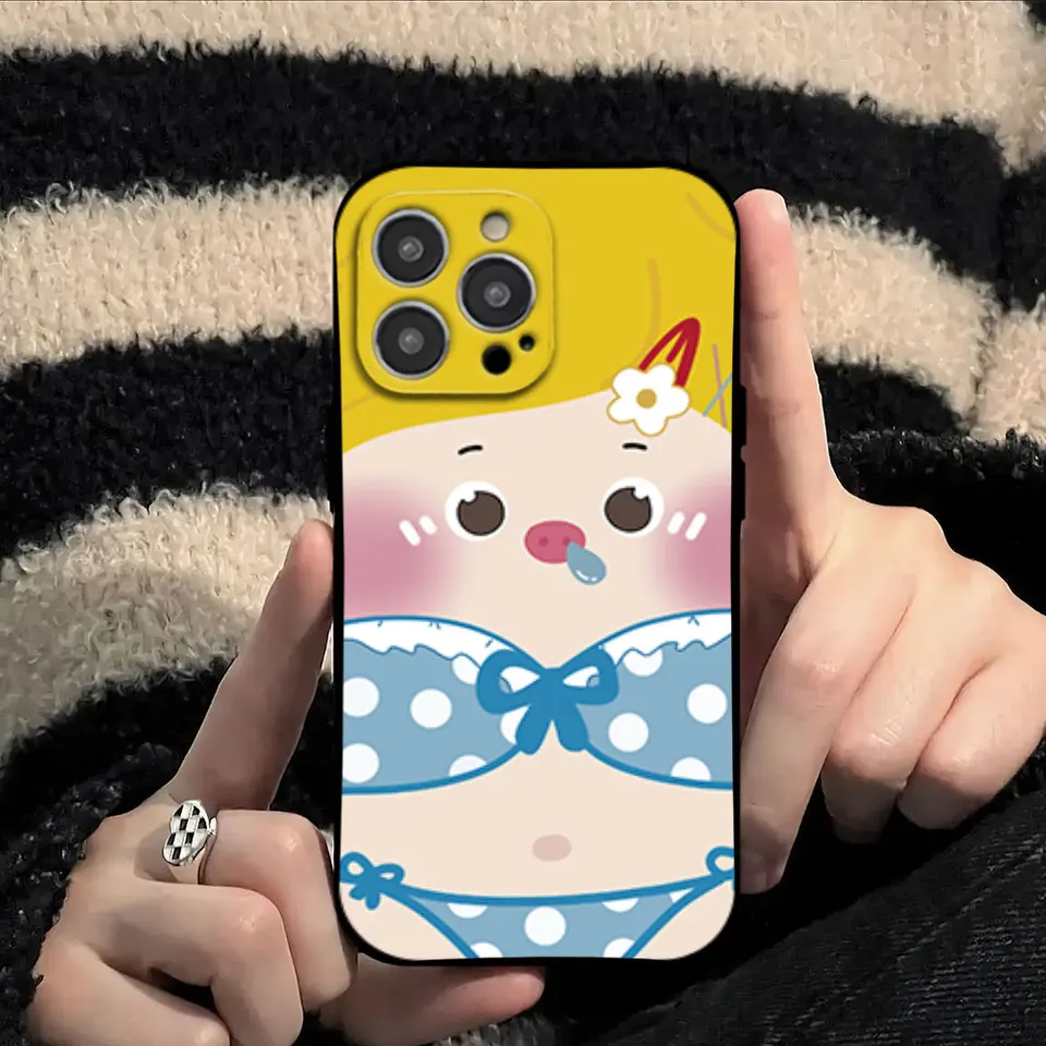 Puzdro na telefón pre iPhone 11 12 13 14 15 16 max pro plus čierna mäkká škrupina roztomilé bikiny malé prasiatko dievča