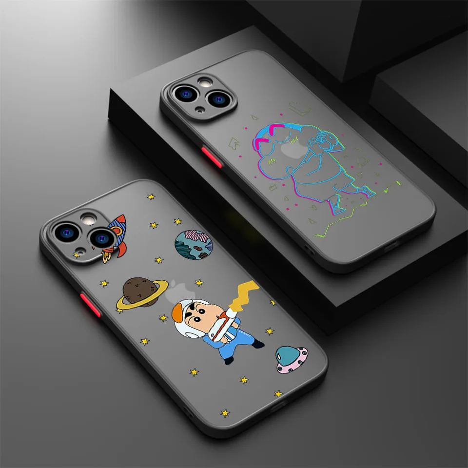 Puzdro na telefón pre iPhone 15 pro xs max 14 7 8 6 6s plus SE 11 12 13 mini x xr pastelky roztomilý priestor shin_chan čierny priesvitný obal
