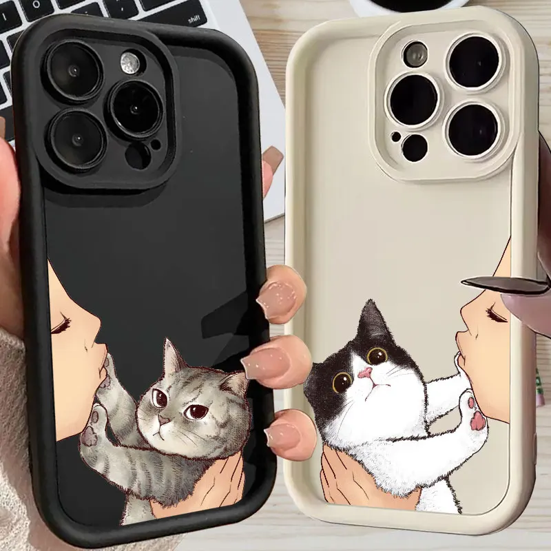 Puzdro na telefón pre iPhone 16 15 14 13 13 13 Pro Max 12 Mini roztomilé krásne mačacie bozk face pre iPhone 15 16 Plus mäkký ochranný kryt