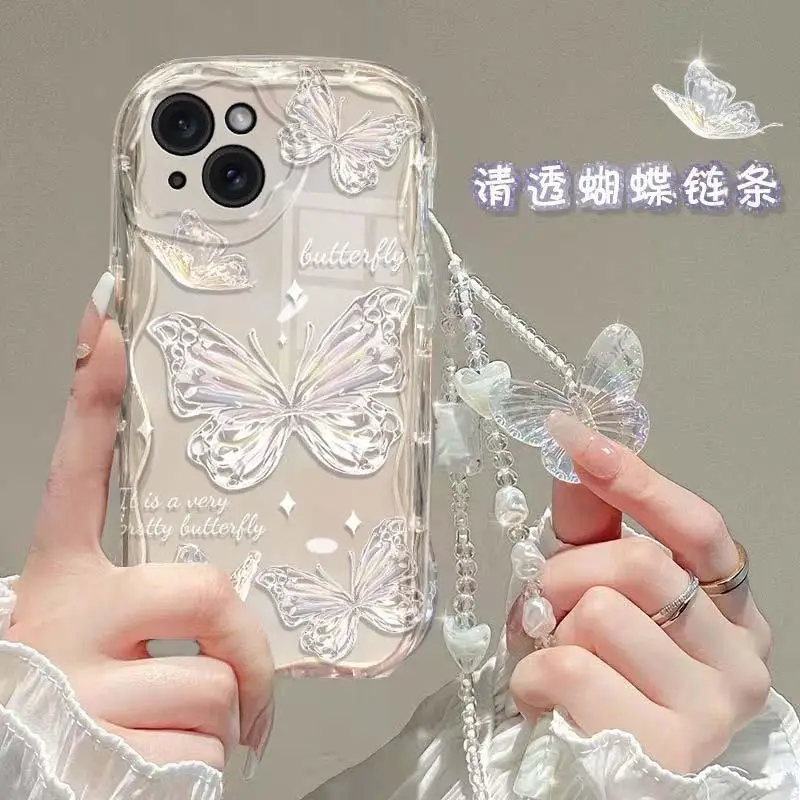Puzdro na telefón pre OPPO A38 A17 A16 A15 A78 A98 A79 A58 5G A54 A57 A77 A96 A52 A60 A53 A9 A5 A5 2020 Cute Kórea Butterfly Chain Cover