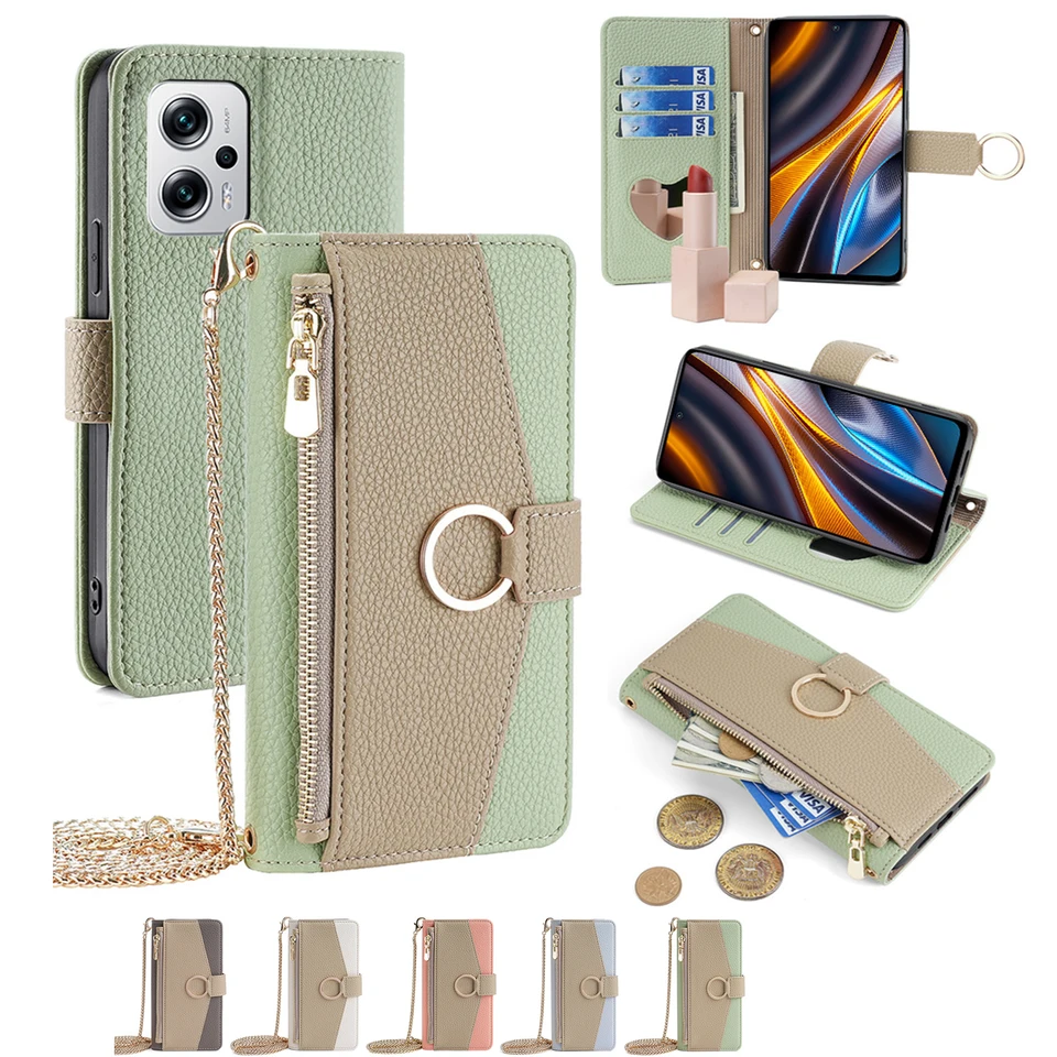 Puzdro na zips pre Crossbody pre Motorola Moto G84 G54 G34 G24 G14 G04 G73 G53 G23 G13 Kožený kovový reťazový prsteň kruhový prsteň Flip Cover Funda