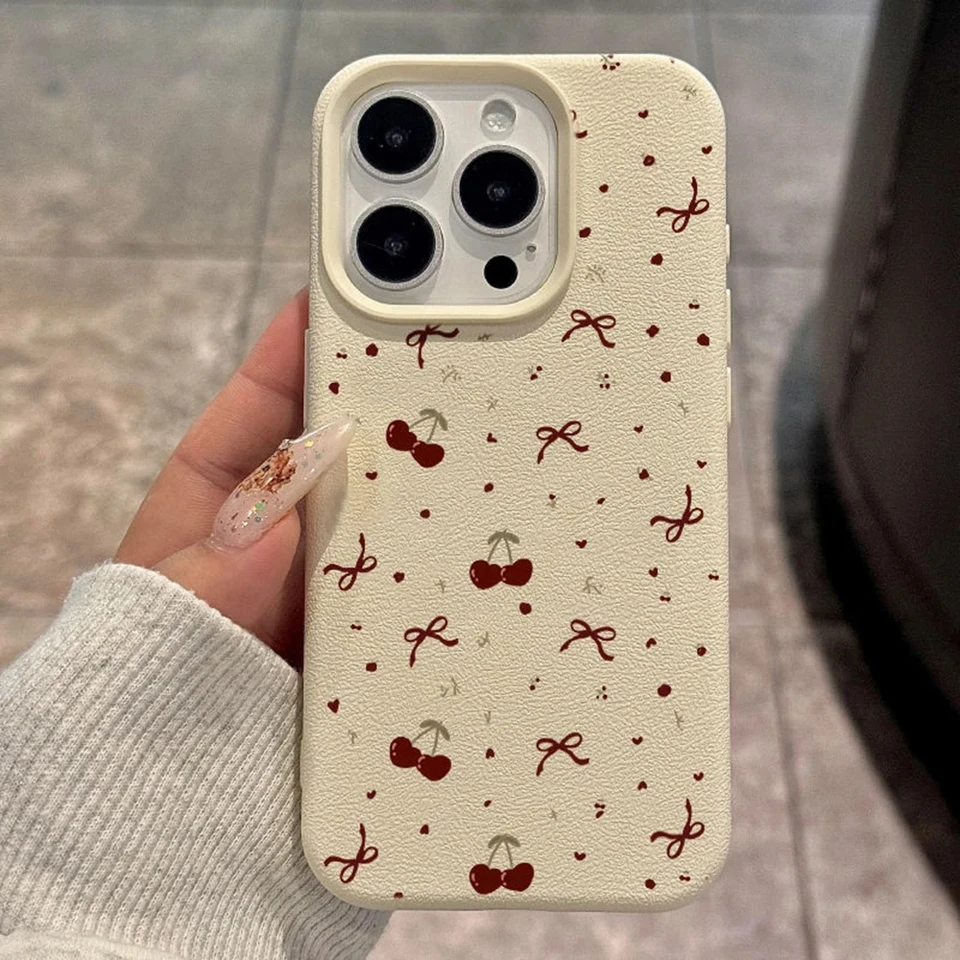 Puzdro pre iPhone 16 15 14 13 13 12 11 Pro Max Cherry Bow Lichee Pattern Silikone Phone Cover pre iPhone xs max xr 16 plus soft fonda