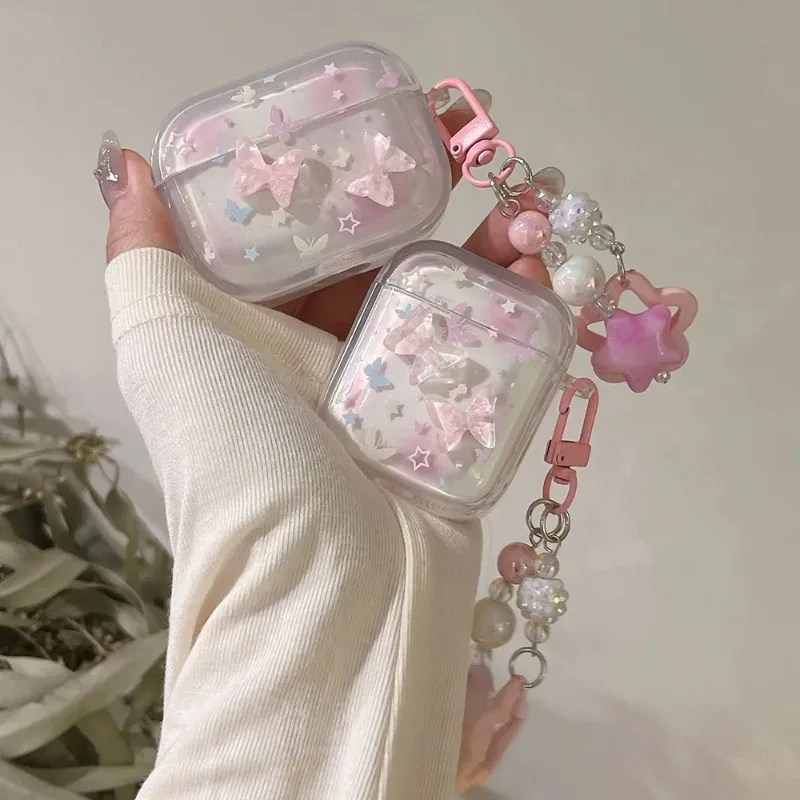 Puzdro pre jablko pre AirPods Pro 2 1 3 4 4. roztomilý gradient Pink 3D Bluefly Bluetooth Sarfone kryt shell s hviezdou prívesok keyc