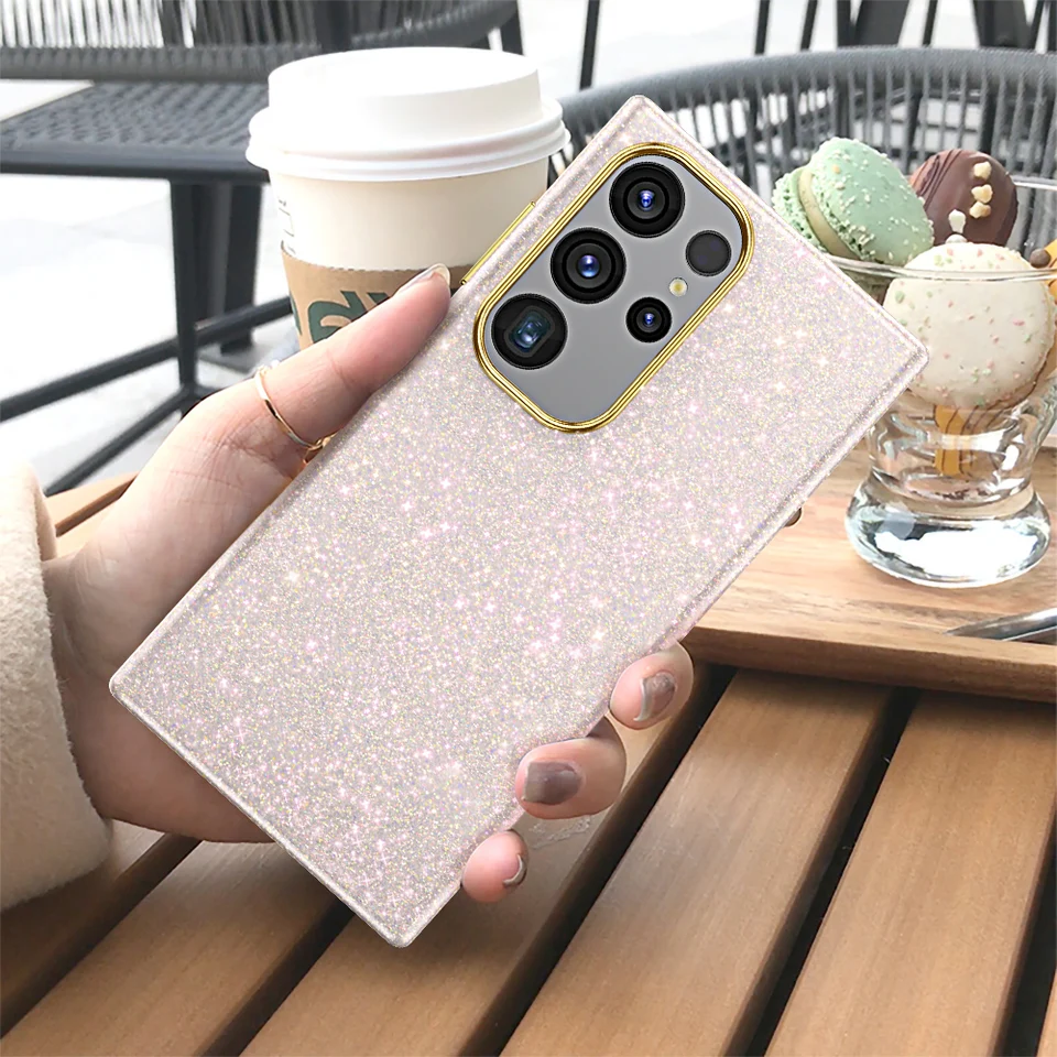 Puzdro pre kožené telefónne pre Samsung Galaxy S24 Ultra Plus S24ultra Gradient Glitter Bling Lskiny Women 360 Plne ochranný zadný kryt