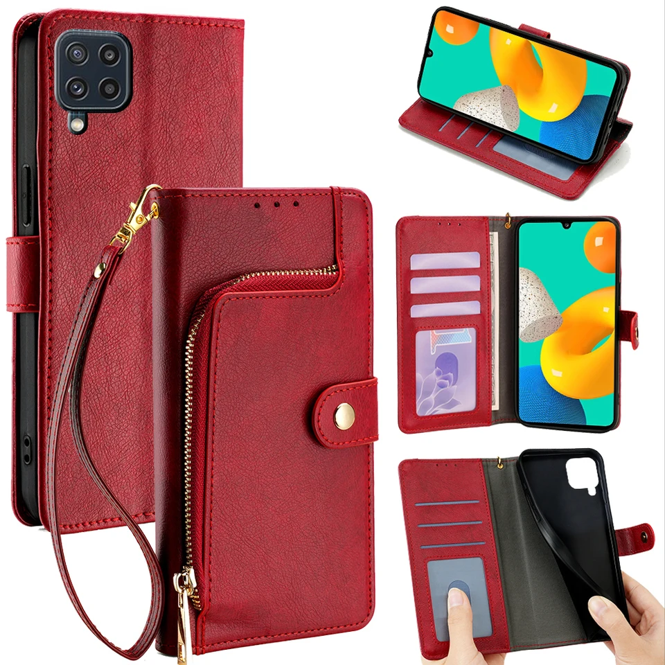 Puzdro pre peňaženku zipsu pre Samsung Galaxy M62 M52 M32 M12 M51 M31S M32 M31 Prime M22 M21 M21S M11 Kožené obaly s LANYARD