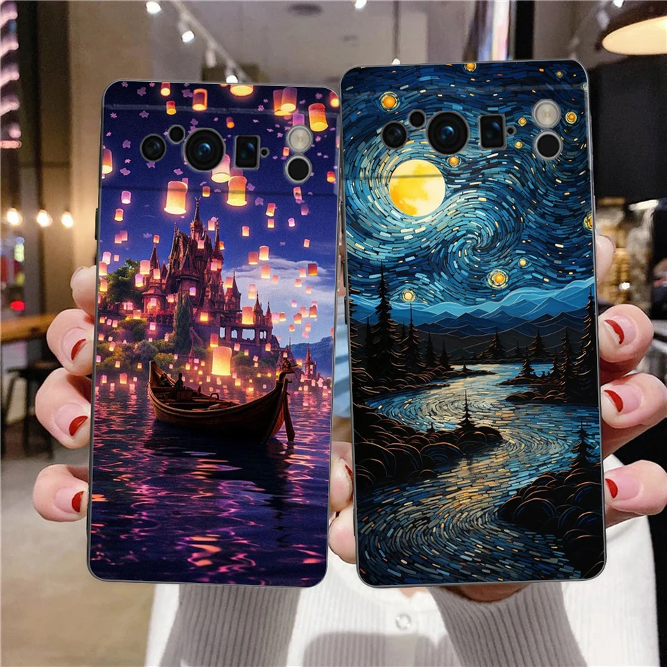Puzdro pre telefón pre Google Pixel 8 7 6 Pro 8a 7a 6a TPU Shell Soft Silikone Shockproof Black Cover Starry Night Van Gogh