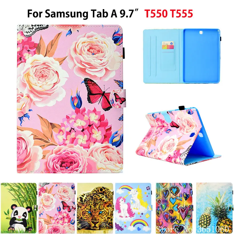Puzdro SM-T550 pre kartu Samsung Galaxy Tab A 9,7 SM-T555 T550 P550 P555 ​​Smart Cover Funda Tablet Flower Butterfly Maľovaný stojan na stojan