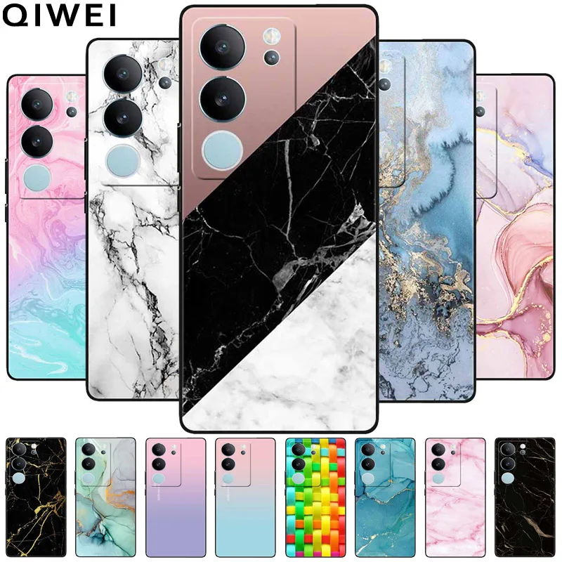 Puzdrá telefónov pre Cover Vivo V29 5G 2023 Silikón Soft Soft Luxury Marble Tlack Coque pre Vivo V29 V 29 V2250 Back Coque 6.78 '' Etui
