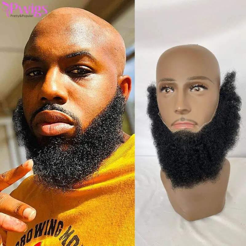 Pwigs Human Hair Afro Curl Face brady fúzy pre amerických čiernych mužov realistická make -up čipka nahradiť systém 1b čierna farba