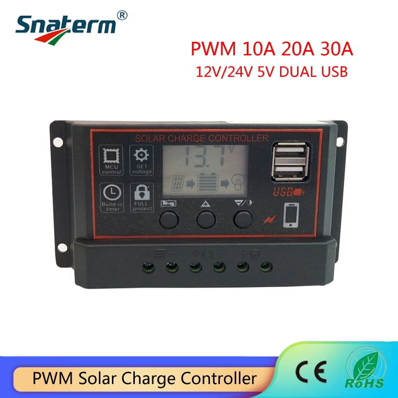 PWM 30A 20A 10A Solárna PV nabíjačka 12v24v Solárny PV regulátor s LCD displejom a dvojitá 5V USB pre PV Solar System