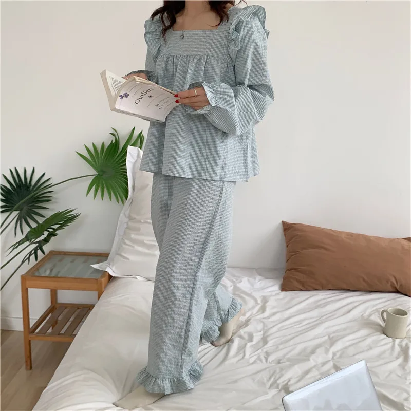 Pyžama sada Plaid Homewear Dve kusové sety Ženy Sleewear Dlhé rukávy Tops Pants Pyžama Loose Kórejské dámy Domáce rufles L617