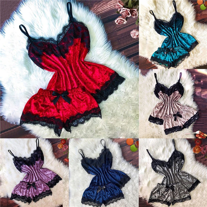 Pyžamy sada nových žien Sexy spodná bielizeň 2 kusy Summer Camisole Bow Shorts Tops Velvet Pijama Sleepwear Sensual Mujer