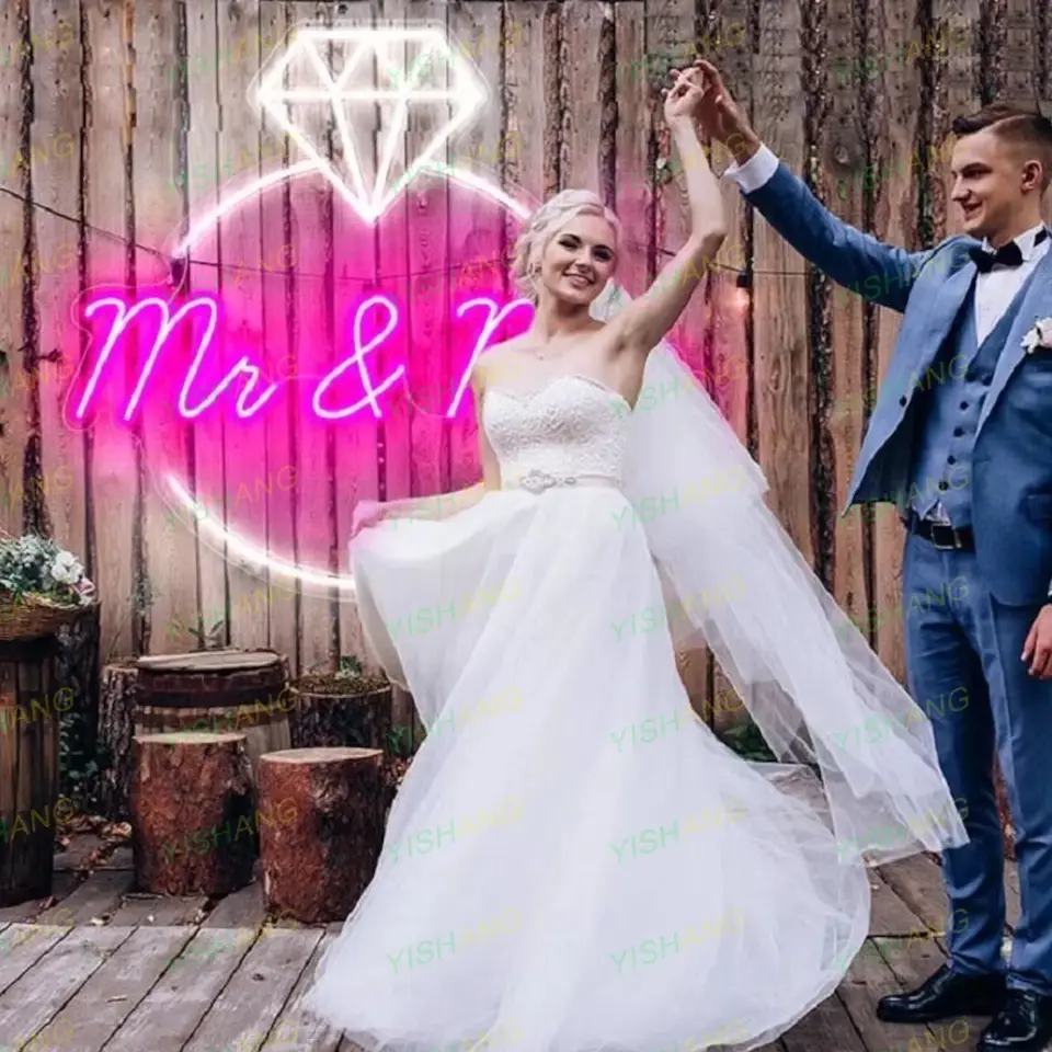 Pán a pani Diamon Ring Neon Sign Custom Svadba LED Neon Sign Svetlo Domáce nástenné dekorácie Zásady Party na pozadí
