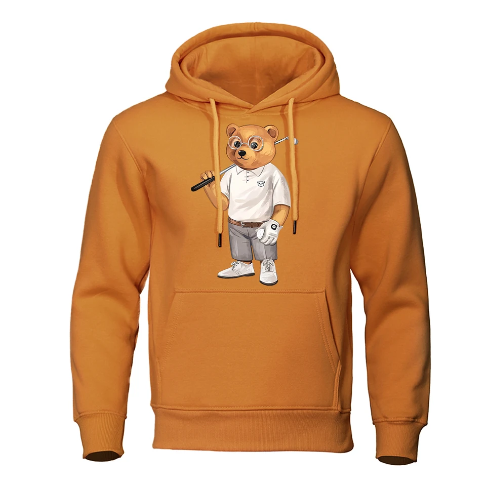 Pán Bear s golfovým klubom v pouličnom oblečení Mens Hip Hop Street Hoodies Warm Crewneck Hoody Crewneck Pullover Streetwear Man