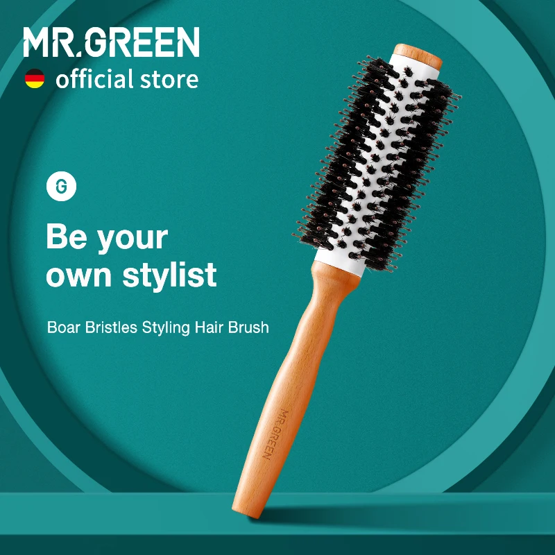Pán Green Bristles Bristles Hair Brush Round Styling Curling Roll Hairbrush Natural Wooden Dangling Comp pre dlhé kučeravé alebo akýkoľvek typ