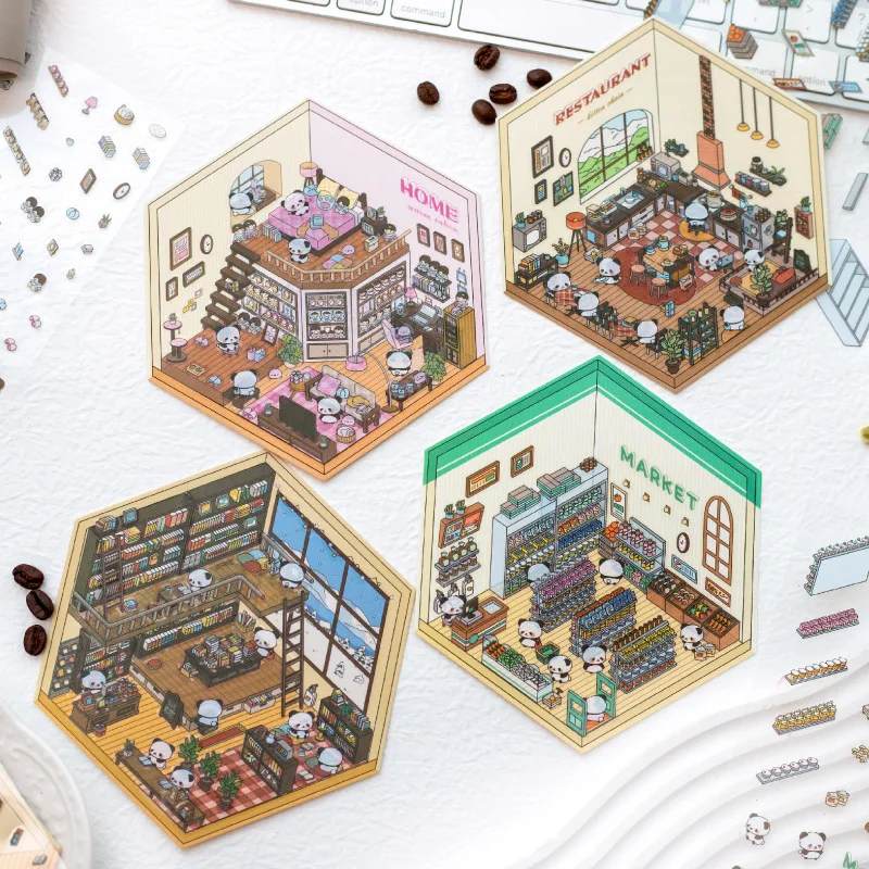 Pán Paper, 3D House Landscape Collage Decotion Material Cartoon Panda Sticker Pack, Creative Scrapbook Ručne nálepky na denník