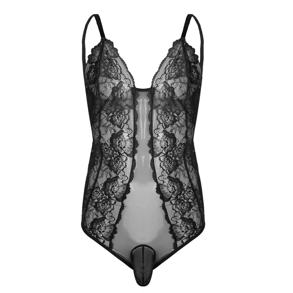 Pán s číry sissy crossdress spodná bielizeň gay kostým nastaviteľné špagety popruhy čipky Čierne sissy puzdro Bodysuit Nightwear Sleewear