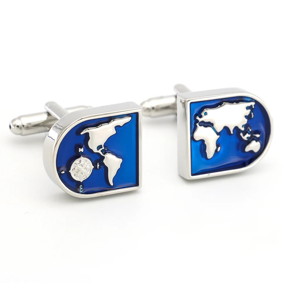 Pánska globálna mapa Cufflinks Kvalitný mosadzný materiál modrá farba Vintage World Map Links Links Wholesale a maloobchod
