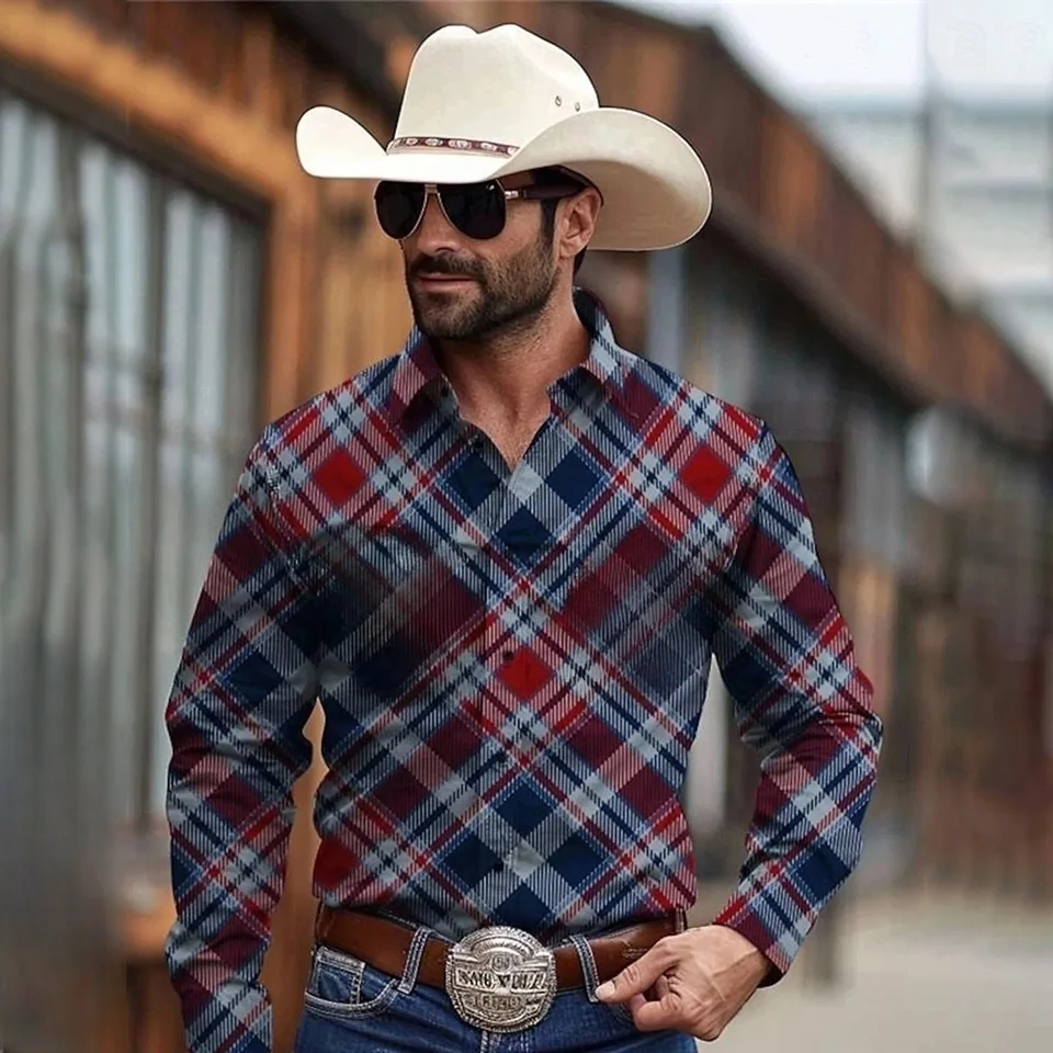 Pánska košeľa Havajský módny letovisko Príležitostné tričko s dlhým rukávom Pánske klope Plus-veľkosť gombíka Up Top Vintage Plaid tlač