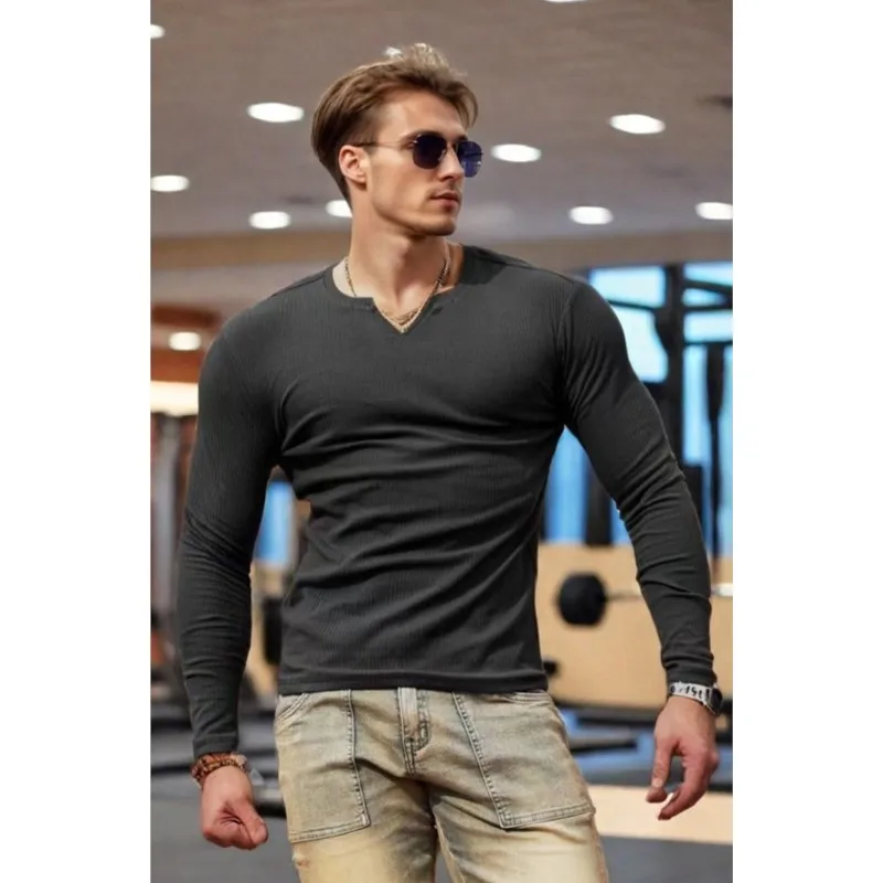 Pánska košeľa módne pruhovaná fitnes priedušná s dlhým rukávom Running Training Elastic Športové tričko Pullover Men Obliekanie domáce oblečenie