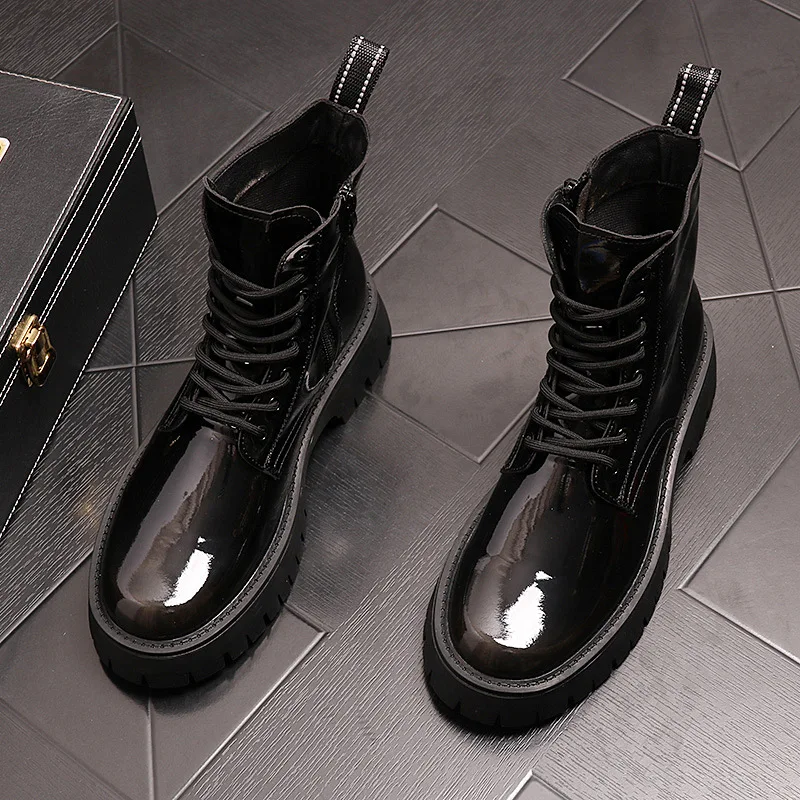 Pánska luxusná módna scéna Punk Wear Platform Boots patent kožené topánky kovbojové topánky jar jesenné pekné členky Botas Zapatos