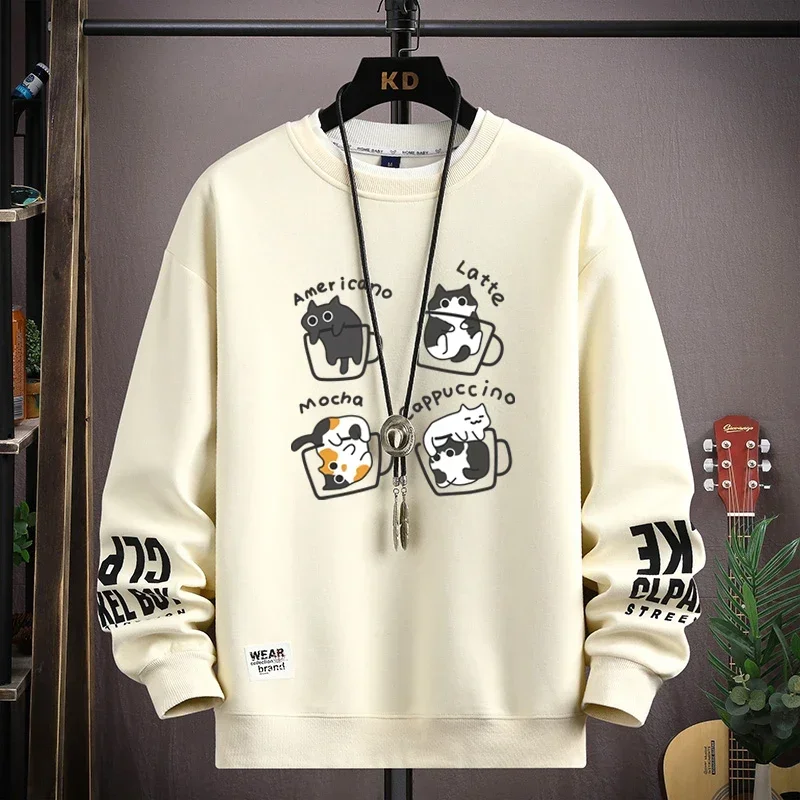 Pánska mikina mikiny Streetwear Cat Káva Vytlačené tričko s dlhým rukávom Módna pánske oblečenie Príležitostné posádka krk harajuku top 2024 nový