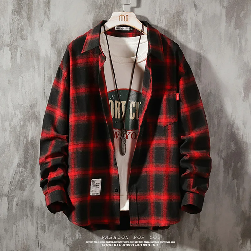 Pánska neformálna košeľa Harajuku Checketed Troži s dlhým rukávom Loose Plus Bunda Men Japanese Style Vysokokvalitný streetwear m-5xl