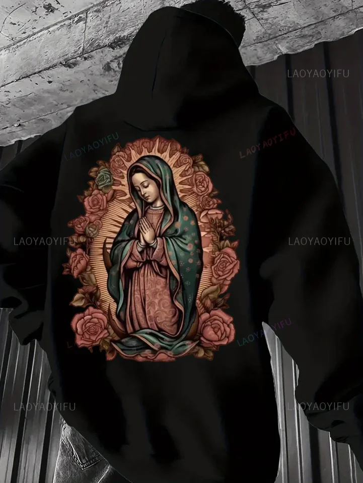Pánska príležitostná mikina s panennou Mary Print Kangaroo Pocket s dlhým rukávom na jeseň/zimnú jeseň a zima udržujte v teple