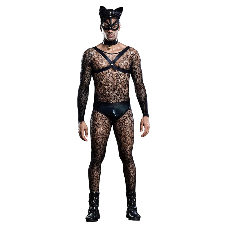 Pánska rola Play Sexy mesh Cat Uniforma Set Cosplay gay Bar Dance Outsit Outfit