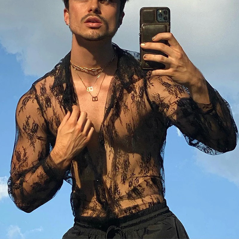 Pánska sieťovina Pozrite sa cez sieť sexy čipky s dlhým rukávom Fishnet Dutlow Out Vintage Streetwear Slim Fashion Party oblečenie S-XL