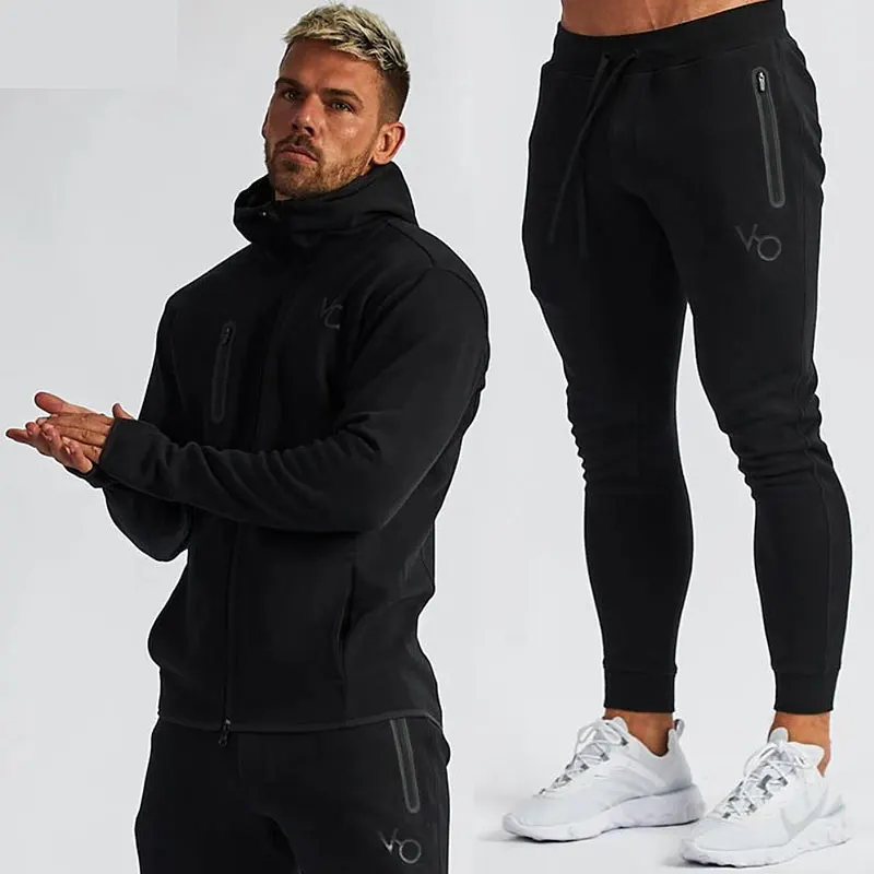 Pánska telocvičňa Spring a jeseň bavlnená športové obleky Streetwear Fitness zips jogging s kapucňou kapucňu príležitostné bundy Men nohavice
