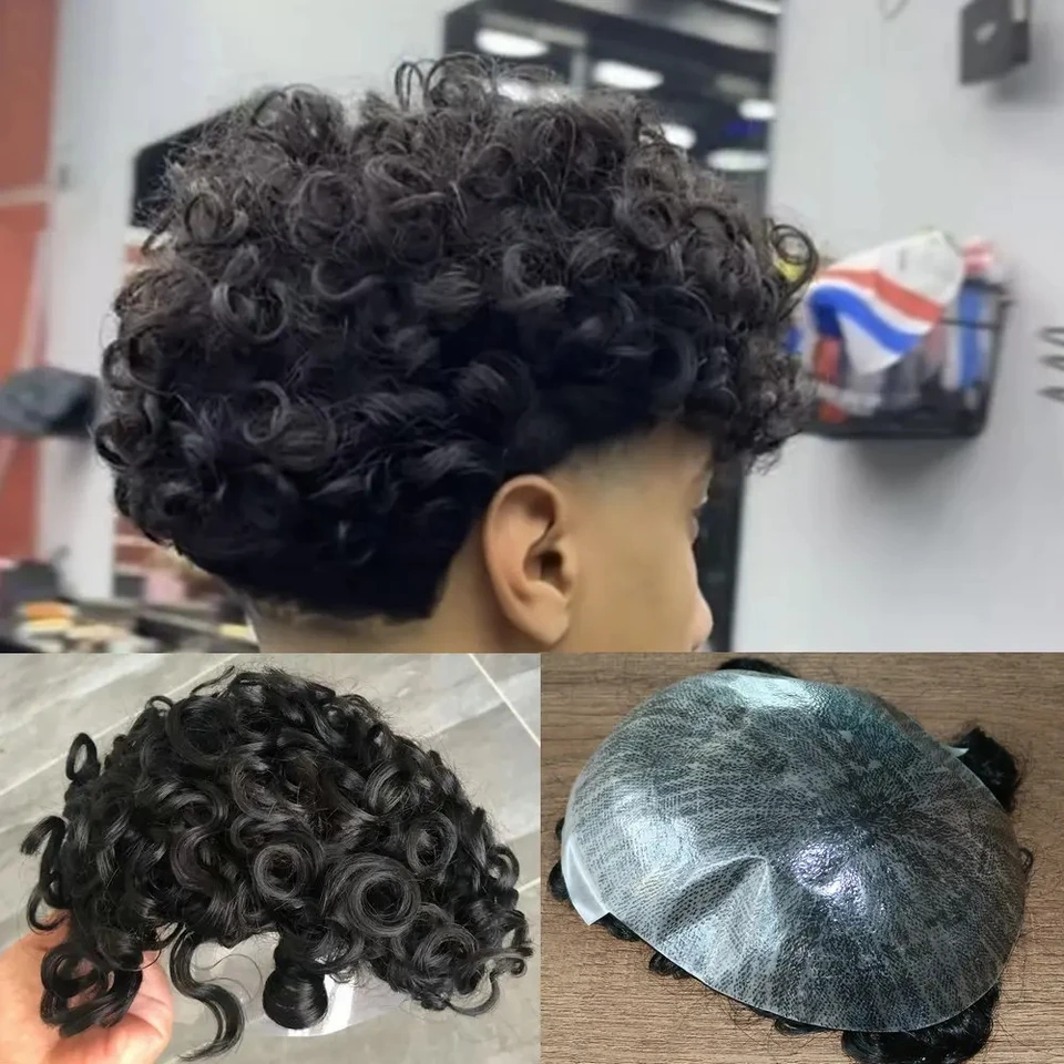 Pánska toupee 20 mm kučeravá hnedá blondínka čierna super trvanlivá plná tenká pokožka Pu Natural Hairline Men kapilárna protéza nahradenie