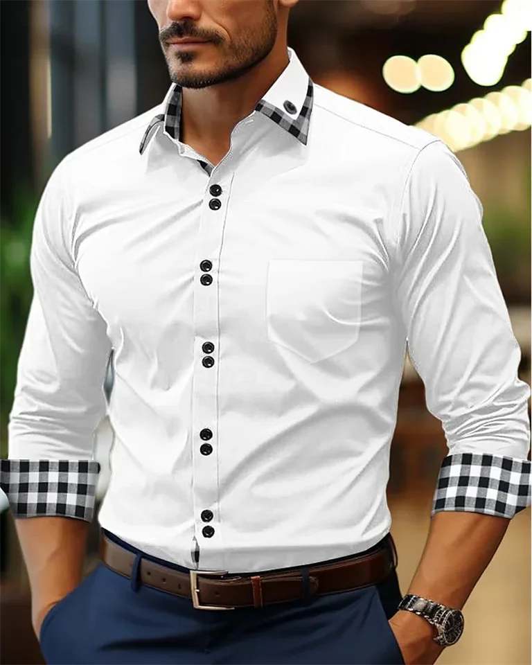 Pánska tričko s gombíkom na gombíky čierna biela ružová burgundska s dlhým rukávom Plaid Color Block Block Patchwork oblečenie móda neformálne 6xl