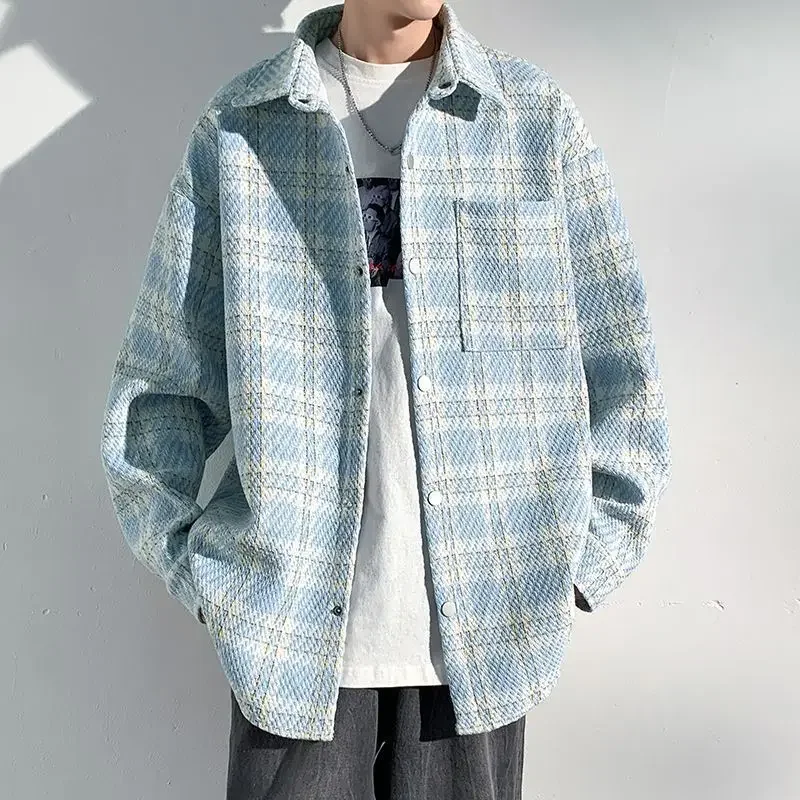 Pánska tweed vlny vlnená bunda High-end Feel Plaid Plaid Trend košeľa klopne ležérne voľné bunda módna jesenná zima