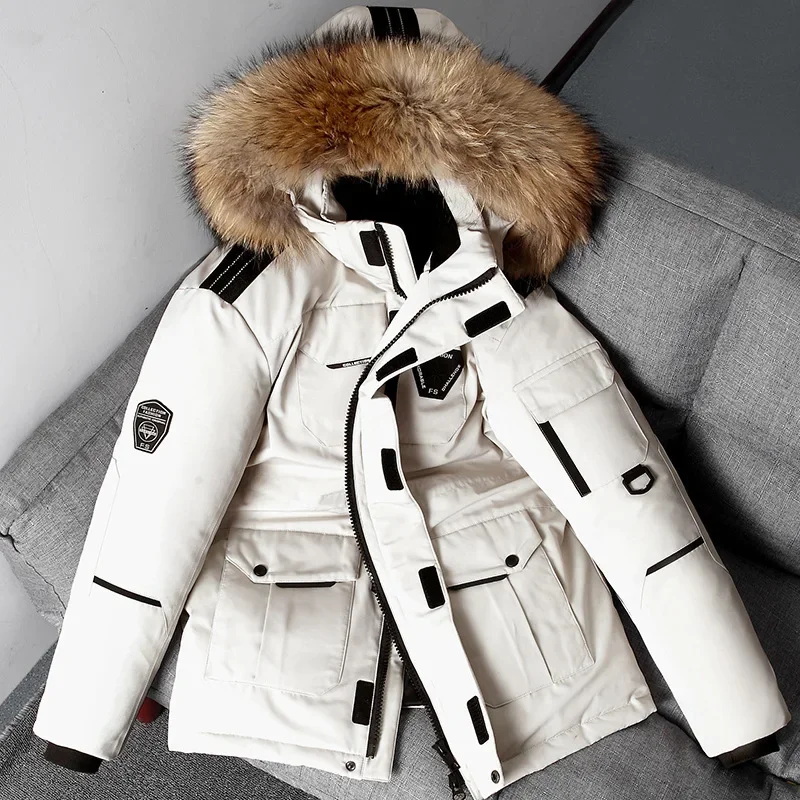 Pánska zimná bunda dole teplá kapucňa biela kačica dole Anorak Men Parka Parka Mid Detachable Fur Collar Coat Witerplow Bunda Male