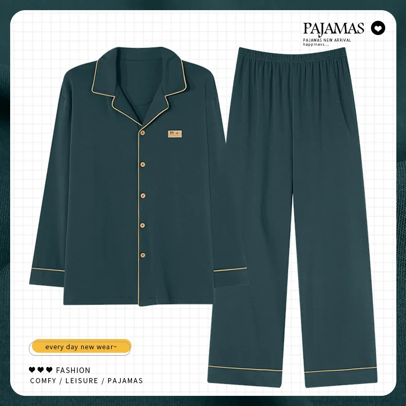 Pánske bavlnené klopy uvoľnené s dlhým rukávom Zelené salónik Spring a jesenné spánkové oblečenie veľkej veľkosti L-4xl Cardigan Suit Pijma Hombre