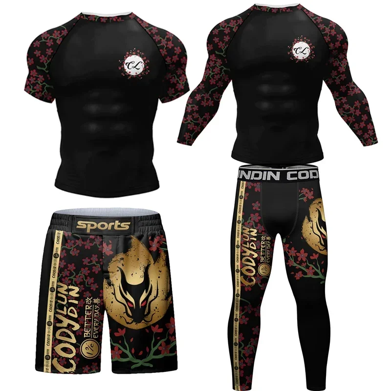 Pánske bežecké stopy kompresné poter Suck Suck Suck MMA BJJ Rashguard Jiu Jitsu Tričko+legíny súpravy Fitness Gym Clothing