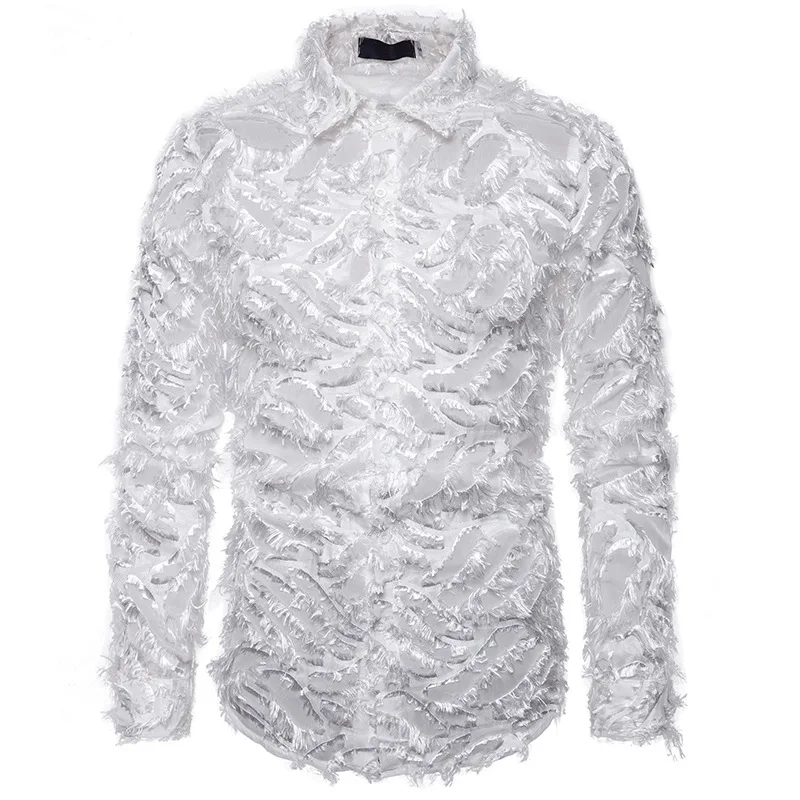Pánske biele perie Pozrite sa cez nočné tričká Slim Fit s dlhým rukávom Sexy čipky košeľa mužov Party Singer Singer kostým Homme xxl