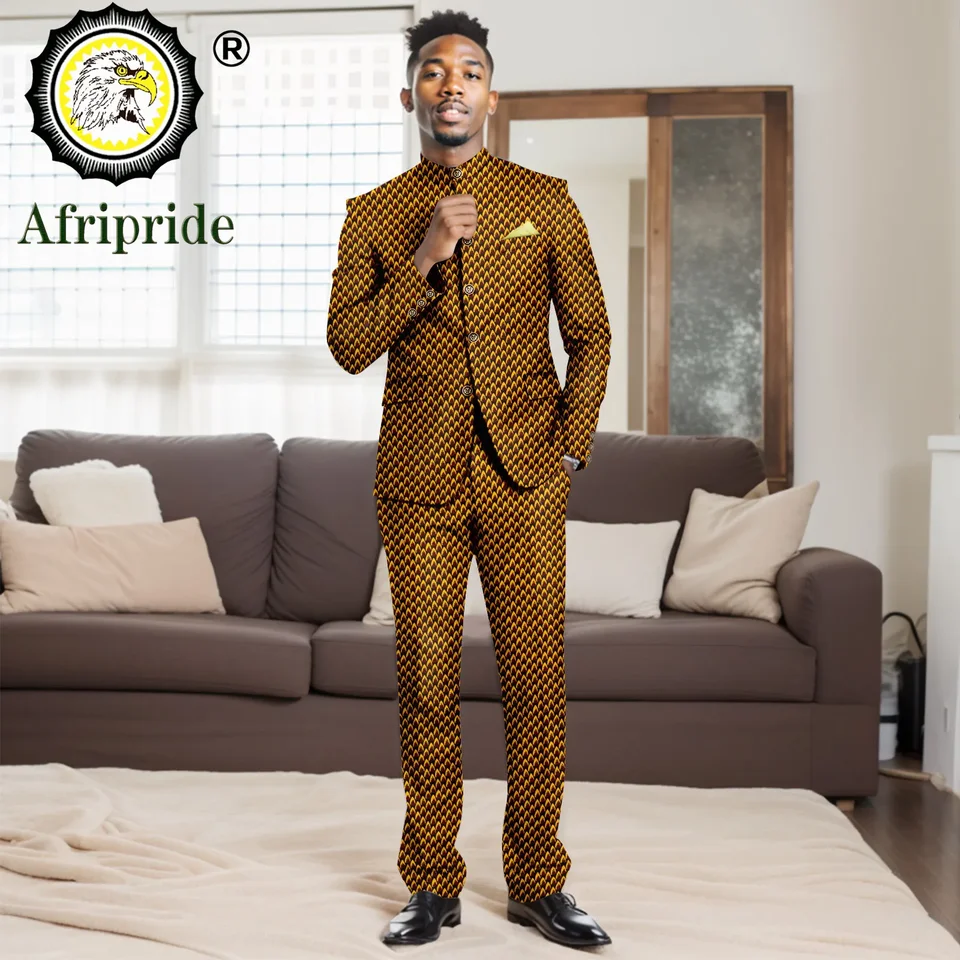 Pánske bussiness Suit Slim Fit Single Breast Print Tlač a nohavice nastavené formálne oblečenie Africké oblečenie Svadobné oblečenie A2416001