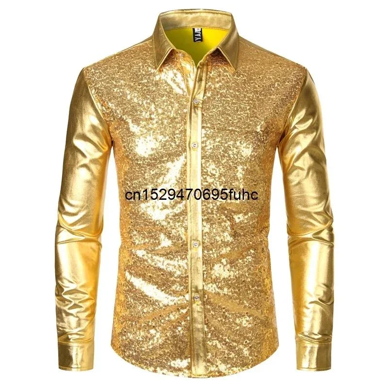 Pánske diskotéky lesklé zlaté flitry Metallic Design Dress tričko s dlhým rukávom gombíkom dole vianočné halloween bday party pódium kostým