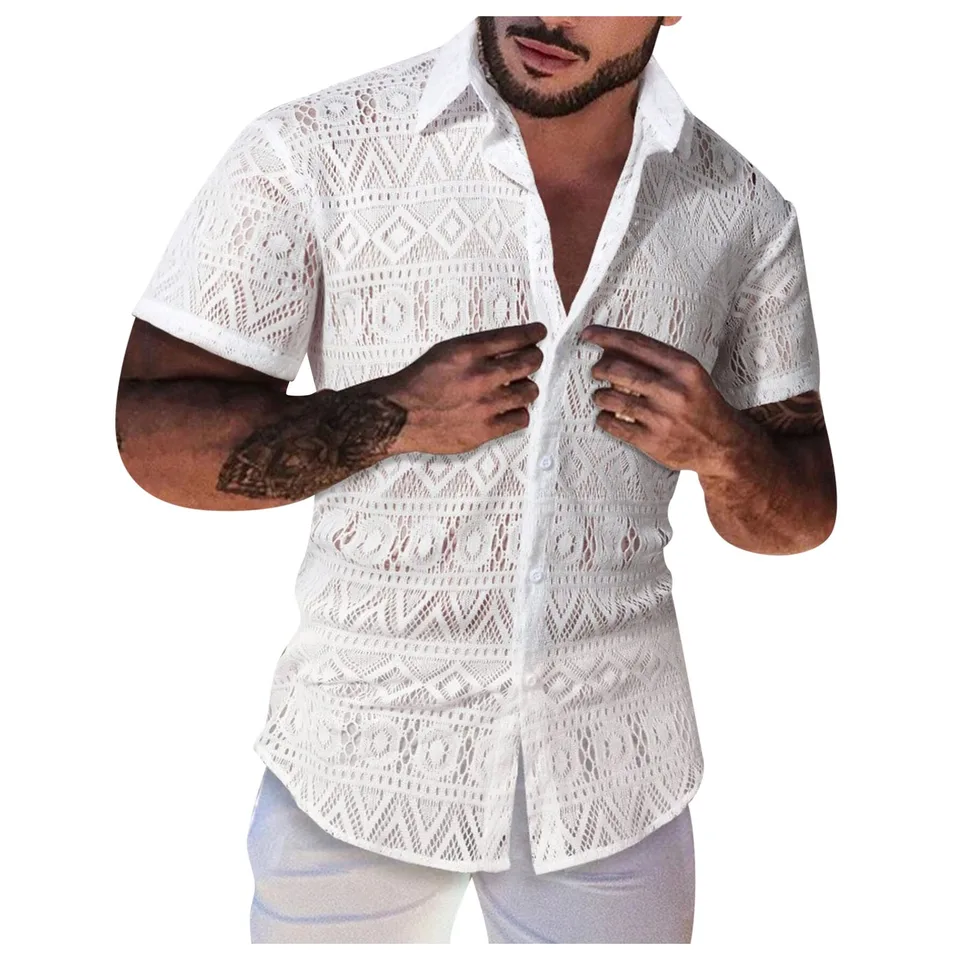 Pánske dutiny, čipky košele s krátkym rukávom klopne gombíky blúzky blúzky letné čipky priedušné biele blúzky vrcholy streetwear