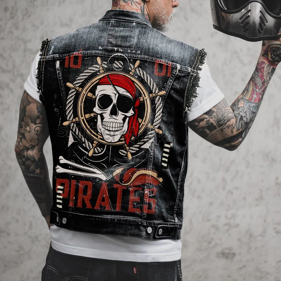 Pánske džínsové vesty bez rukávov Jar a leto Štyri sezóny New Street Riding Motorcycle Punk Eagle Print Patter