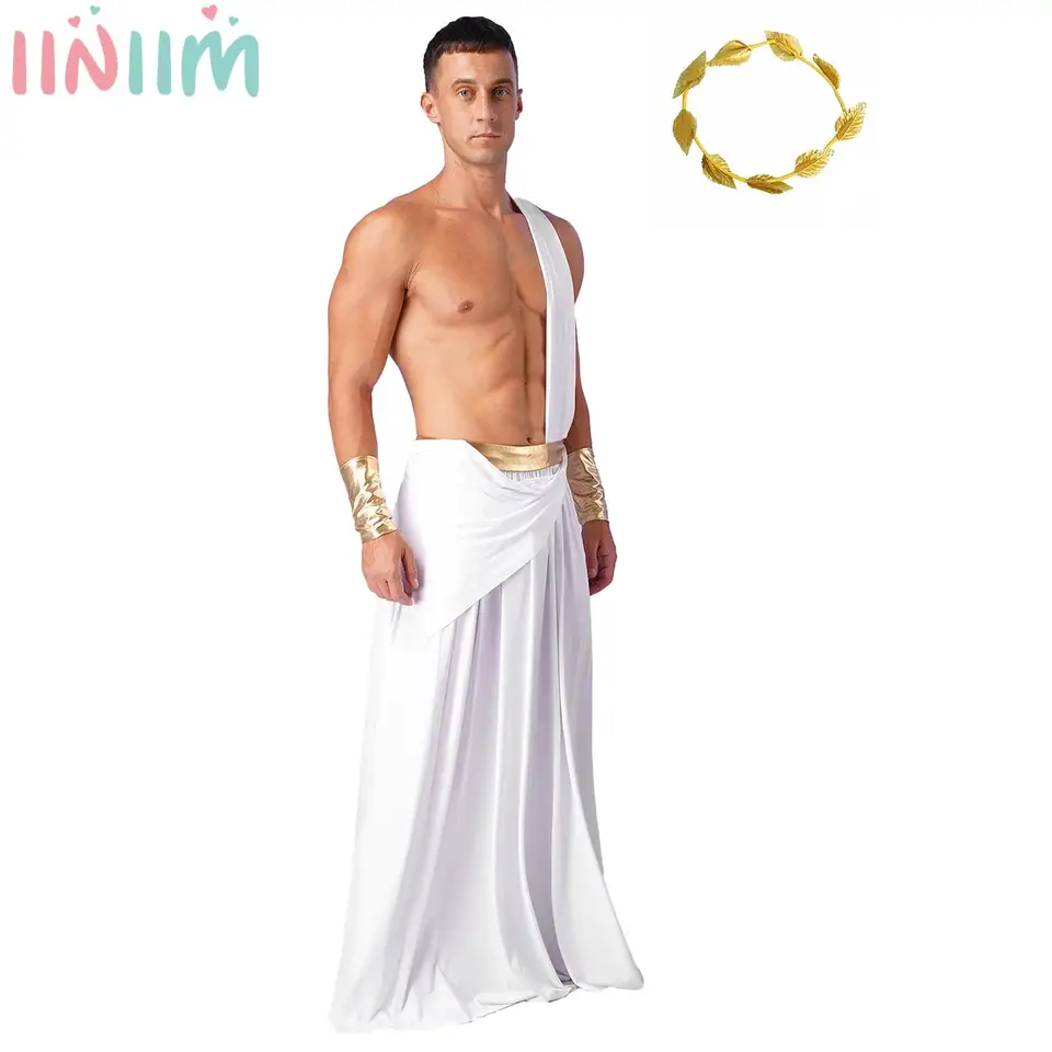 Pánske halloween starogrécke grécke kostým Cosplay dlhá sukňa Toga s náramkami a zlatými listami Garland Headar Fancy Outfits