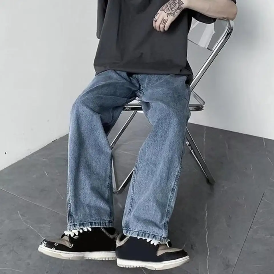 Pánske hip hopové voľné džínsy 2021 Jeseň Nové ulice Streetwear Straight Baggy široké nohavice nohavice mužské značky, svetlo modrá