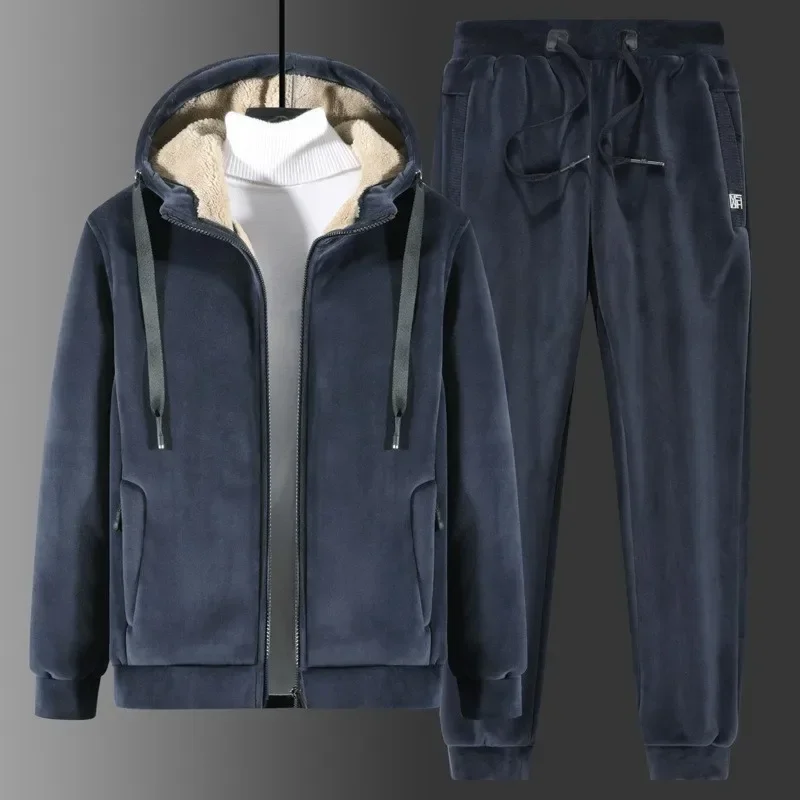 Pánske jahňacie kašmíru zimné trasy Zimné športové športy Pánske s kapucňou+nohavice 2pc Sety Men Fashion Trend Winter Pants Set