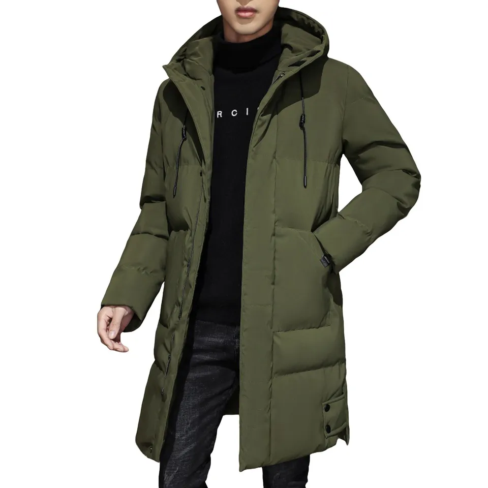 Pánske jesenné a zimné dlhé dolu bunda pevná farba zips Parkas Parkas Nové hrubšie teplé neformálne bavlnené čalúnené bunda s kapucňou